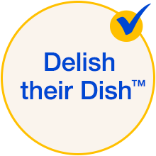 Blue checkmark inside a tan circle. The label reads: Delish their Dish